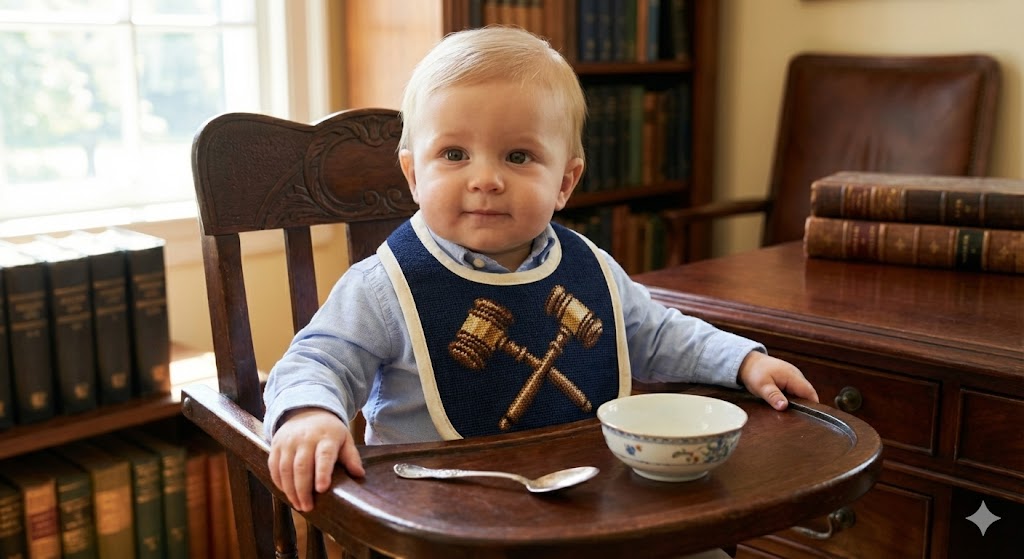 Baby wearing gavels bib